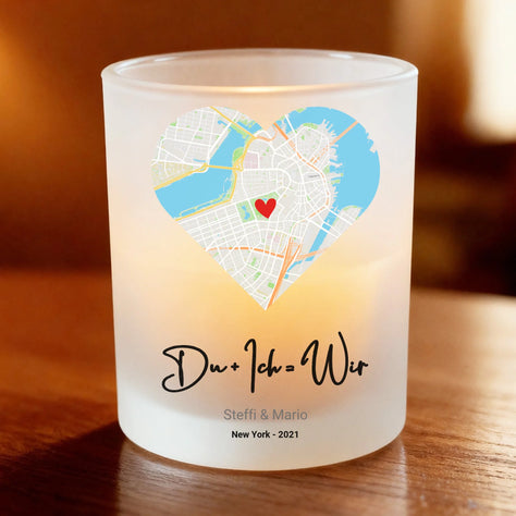 Personalisiertes Teelicht (Satin) - Karte in Herzform, Spruch, Namen & Ort