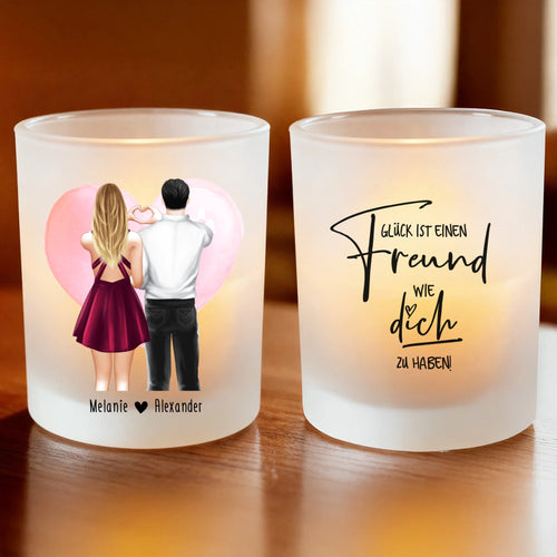Personalisiertes Teelicht (Satin) - Herz mit Händen - Pärchen Tasse