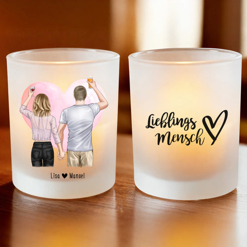 Personalisiertes Teelicht (Satin) -Paar/Pärchen/Beste Freunde (1 Frau + 1 Mann stehend)