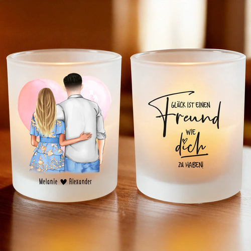 Personalisiertes Teelicht (Satin) - Paar mit Kleid und Hemd (stehend) - Pärchen Tasse