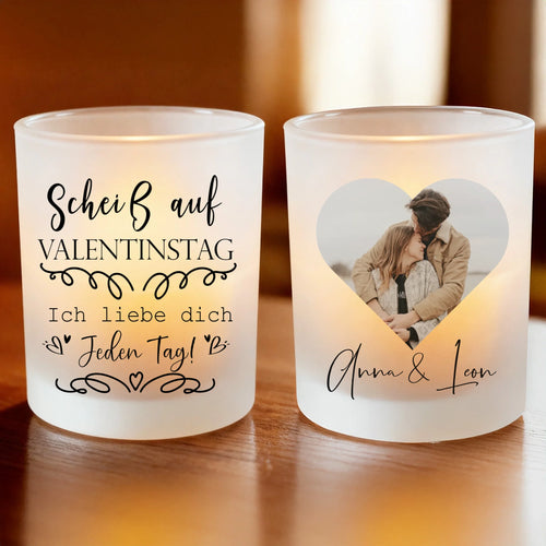 Personalisiertes Teelicht (Satin) - Scheiß auf Valentinstag mit Bild