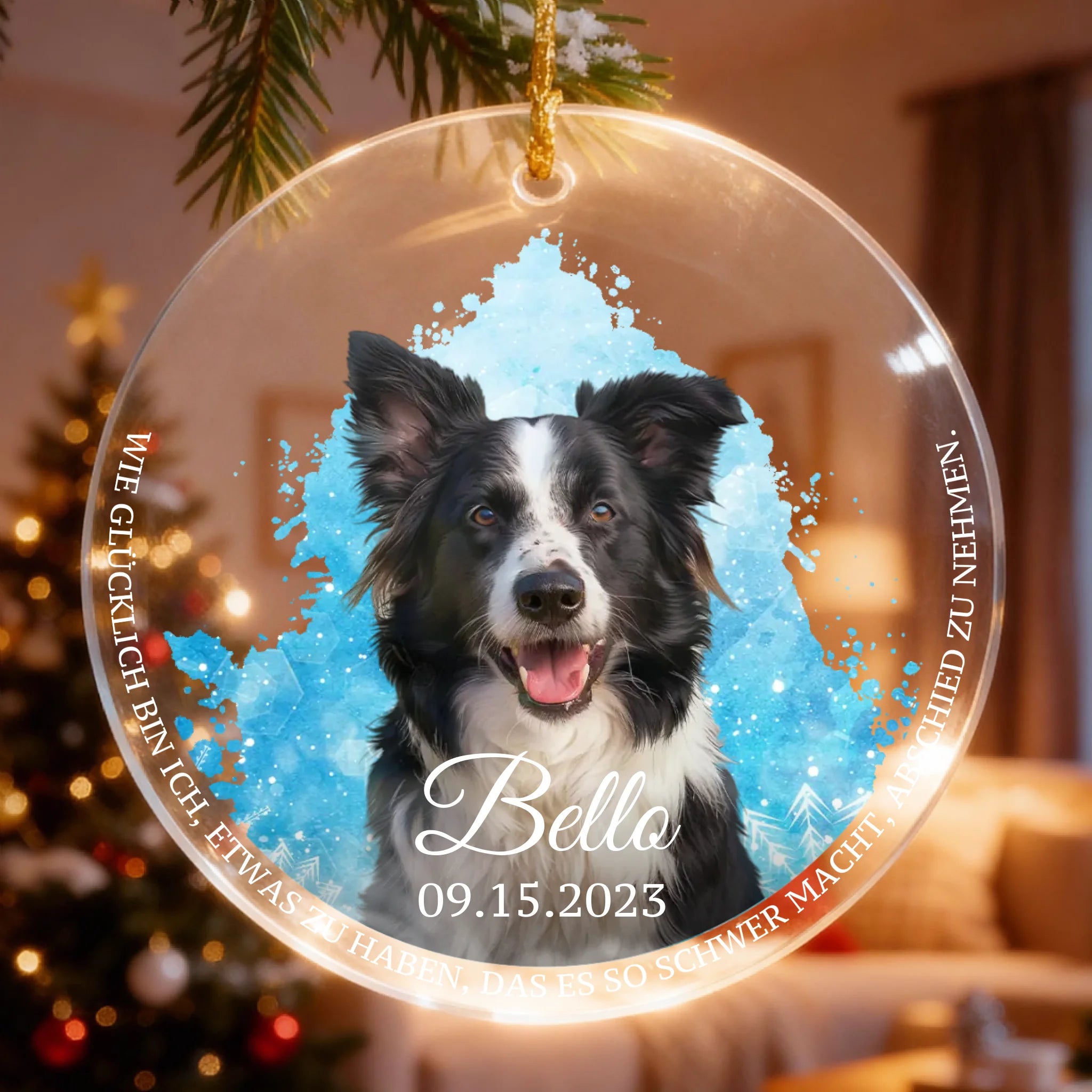 Personalisierter Weihnachtsbaumanhänger - Hund mit Wasserfarbenhintergrund + Name + Datum