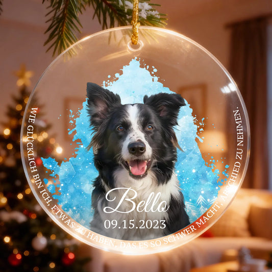 Personalisierter Weihnachtsbaumanhänger - Hund mit Wasserfarbenhintergrund + Name + Datum