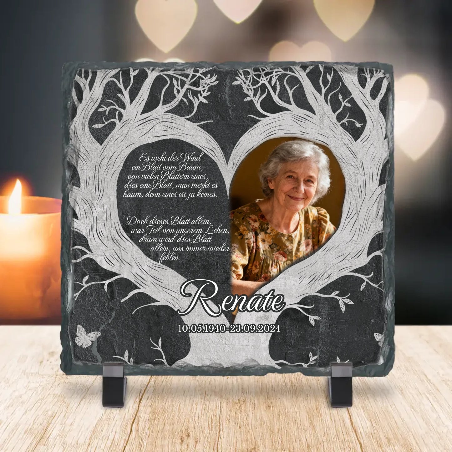 Personalisierte Schiefertafel - Trauerschild - Es weht der Wind ein Blatt vom Baum mit Bild