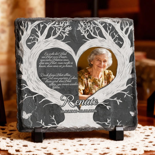 Personalisierte Schiefertafel - Trauerschild - Es weht der Wind ein Blatt vom Baum mit Bild