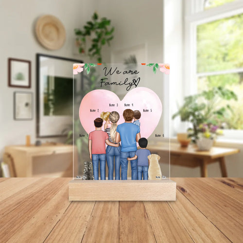 Personalisierte Acrylglasplatte - Familie + 1-4 Kinder + 1-2 Hunde/Katzen