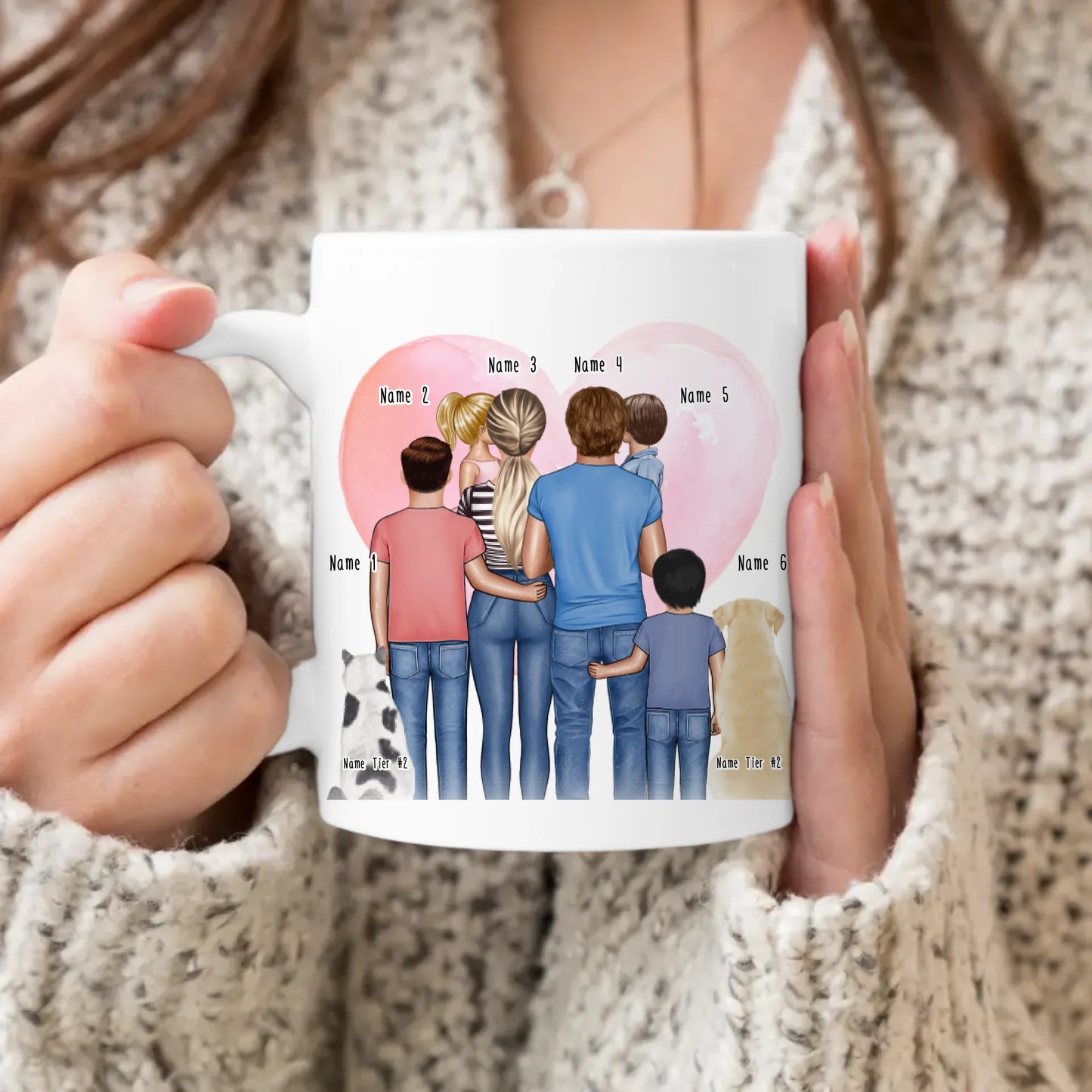 Personalisierte Tasse - Familie + 1-4 Kinder + 1-2 Hunde/Katzen