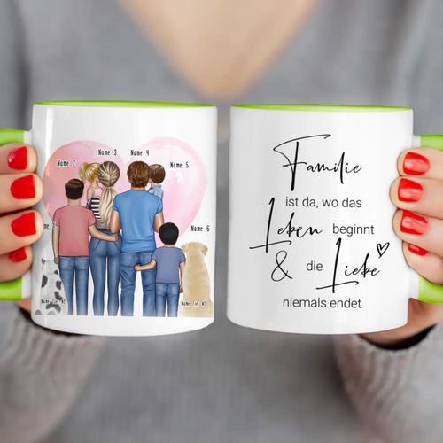 Personalisierte Tasse - Familie + 1-4 Kinder + 1-2 Hunde/Katzen