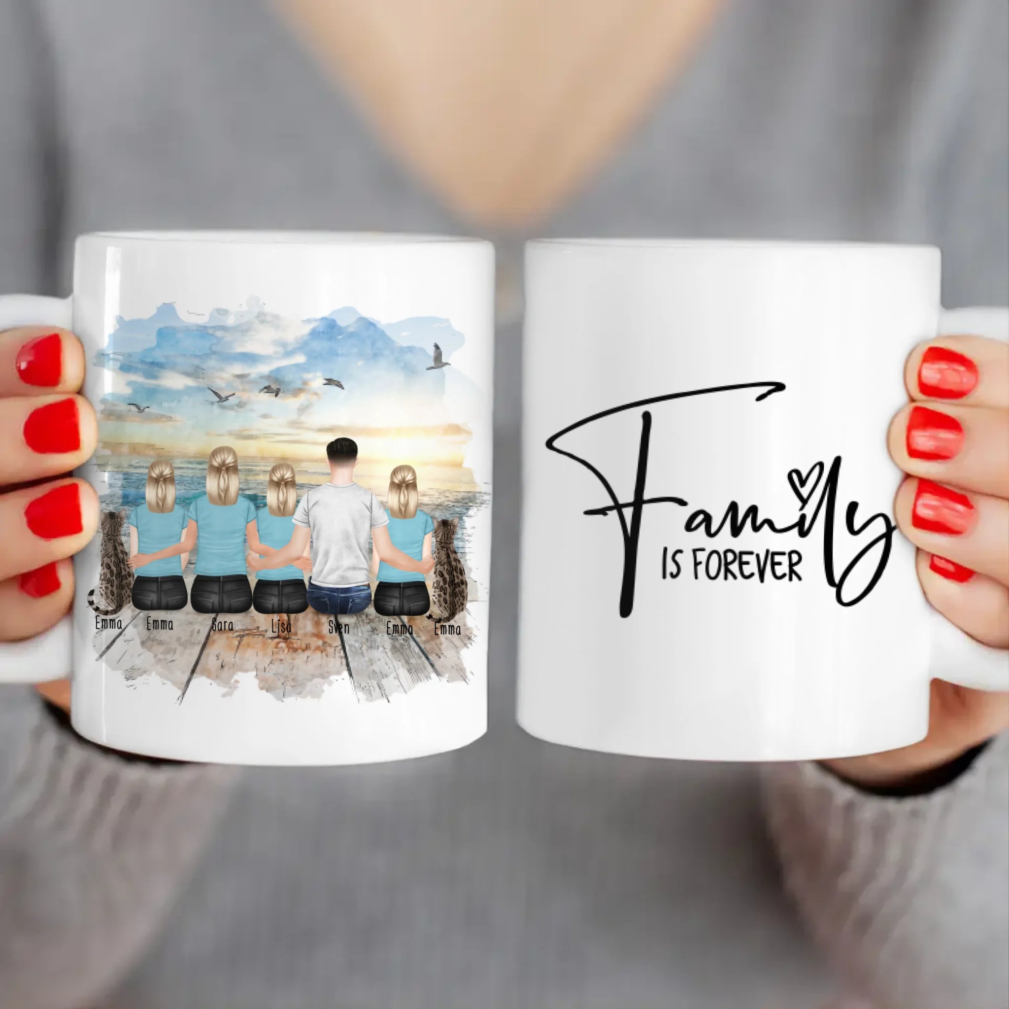 Personalisierte Tasse mit Familie (3 Teenagerinnen + 2 Katzen)