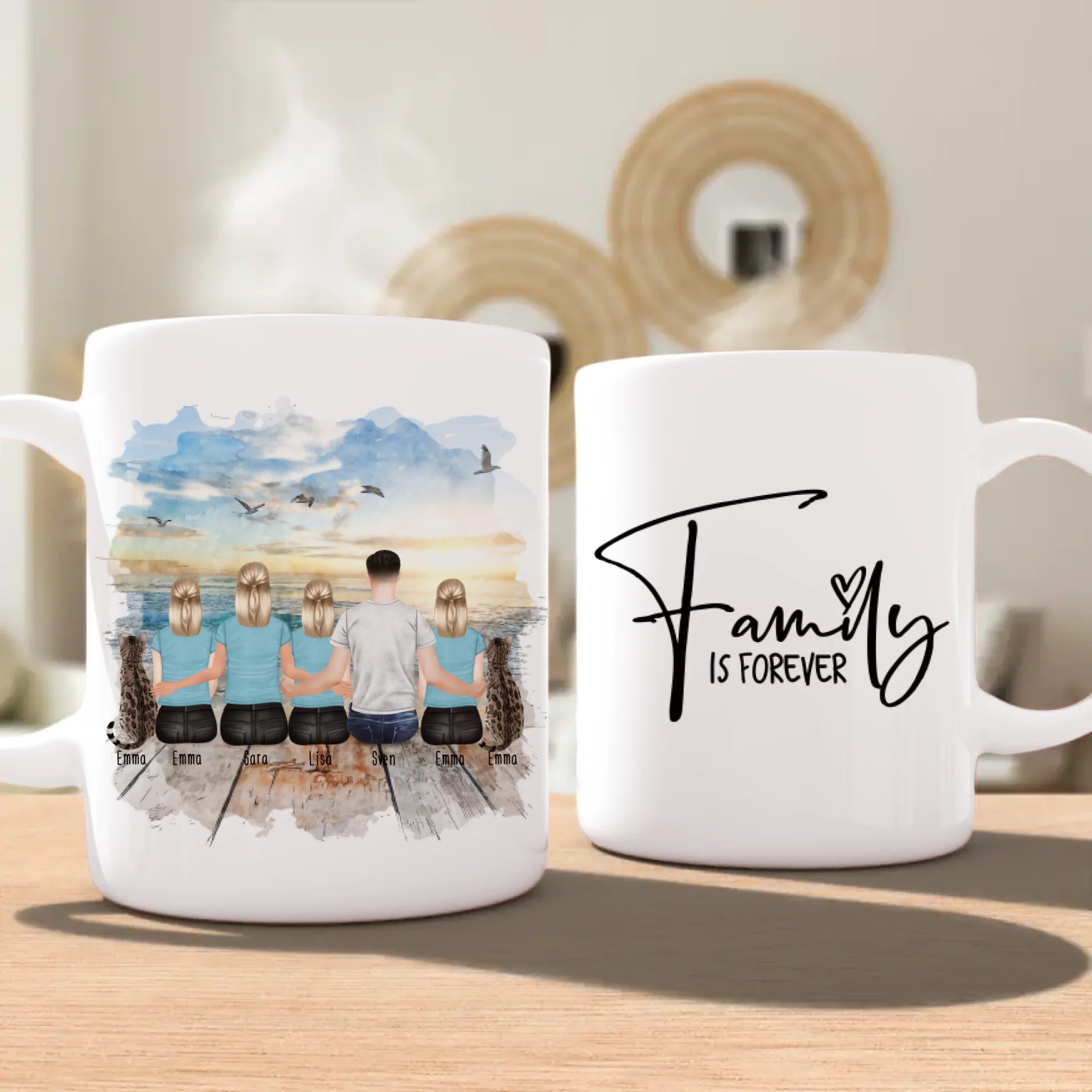 Personalisierte Tasse mit Familie (3 Teenagerinnen + 2 Katzen)