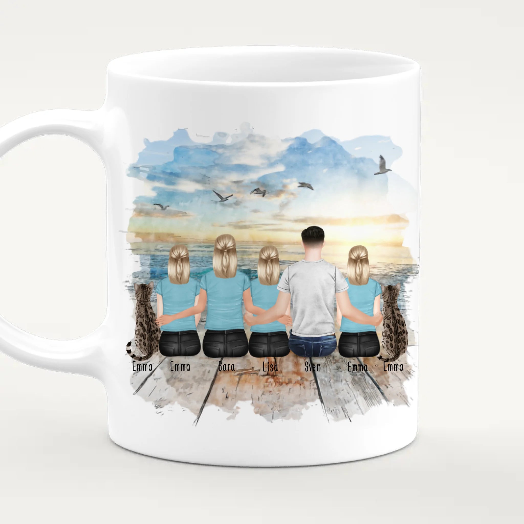 Personalisierte Tasse mit Familie (3 Teenagerinnen + 2 Katzen)