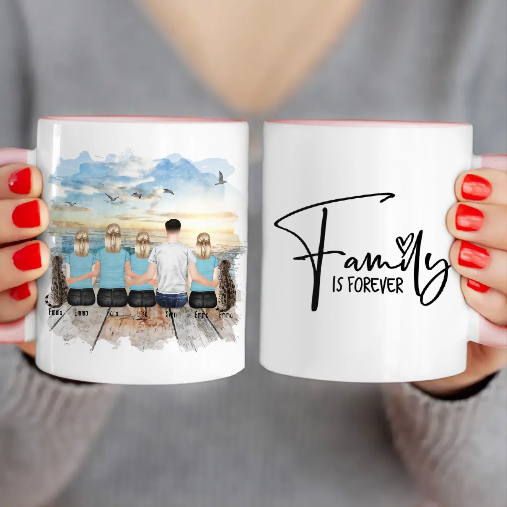 Personalisierte Tasse mit Familie (3 Teenagerinnen + 2 Katzen)