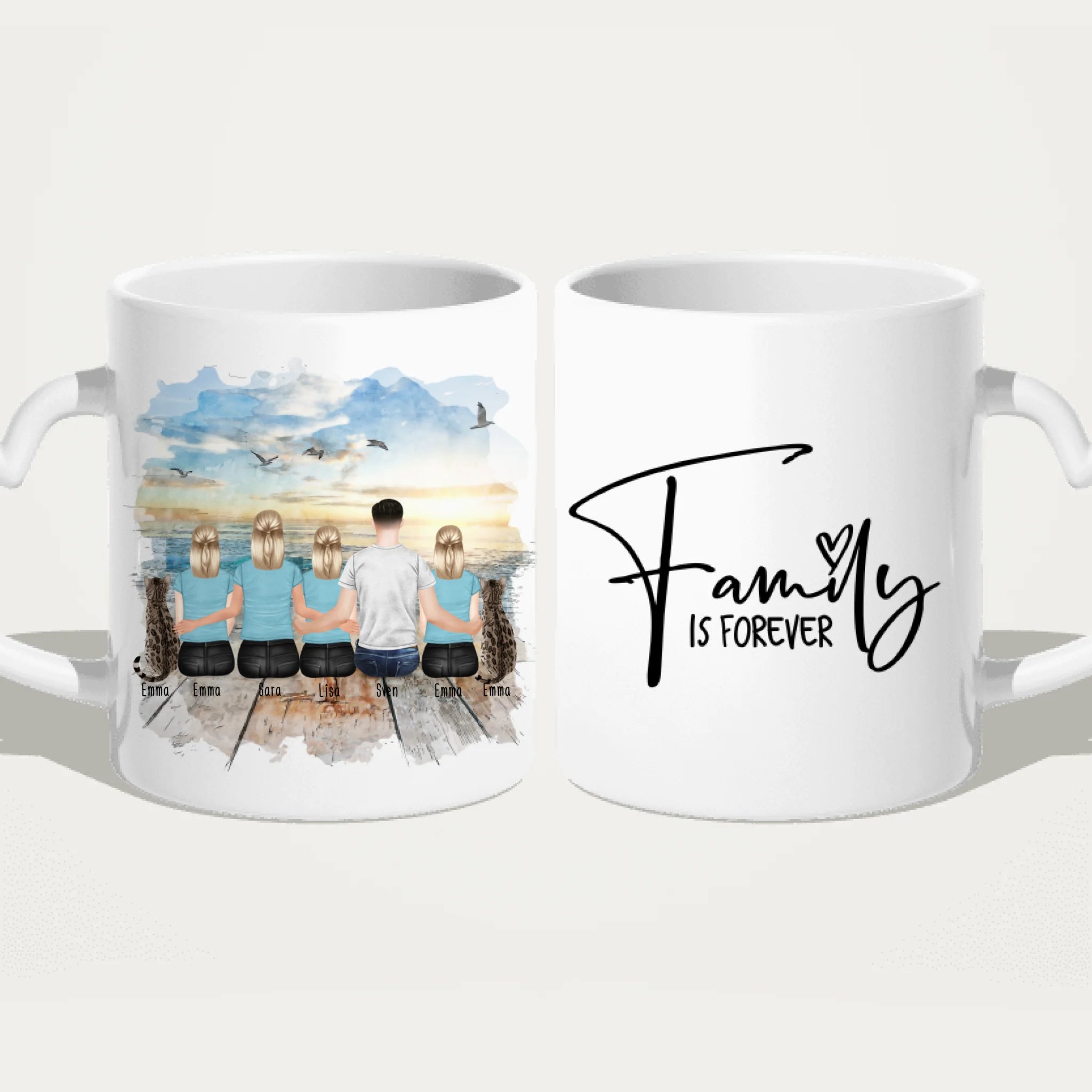 Personalisierte Tasse mit Familie (3 Teenagerinnen + 2 Katzen)