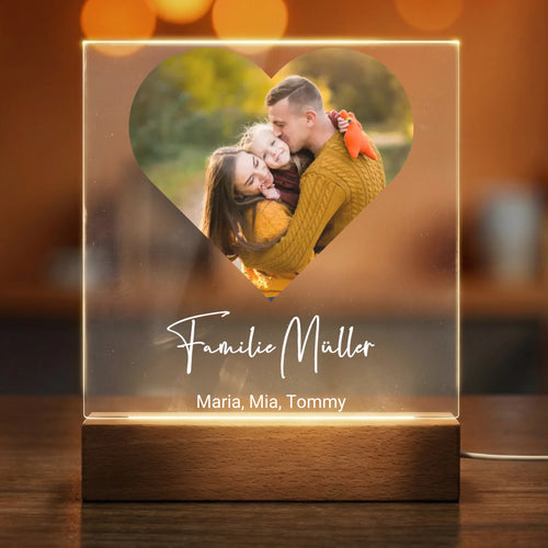 Personalisiertes Acryl-Licht - mit eigenem Bild in Herzform, Familiennamen & Namen