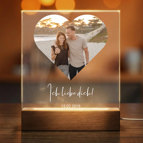 Personalisiertes Acryl-Licht - mit eigenem Bild in Herzform, Spruch & Namen - Für Paare