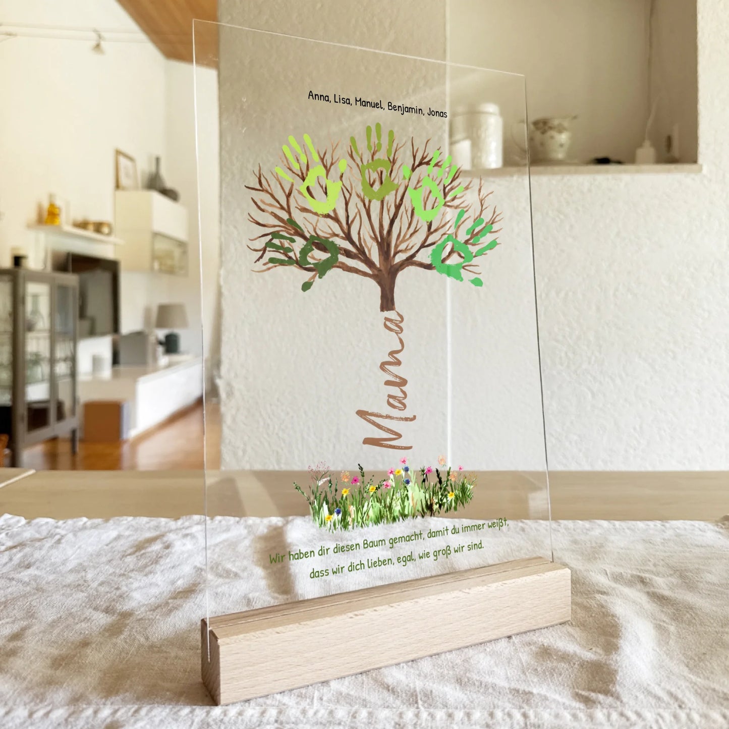 Personalisierte Acrylglasplatte - "Wir lieben dich, egal, wie groß wir sind" - Baum für Mama/Papa mit Handabdrücken