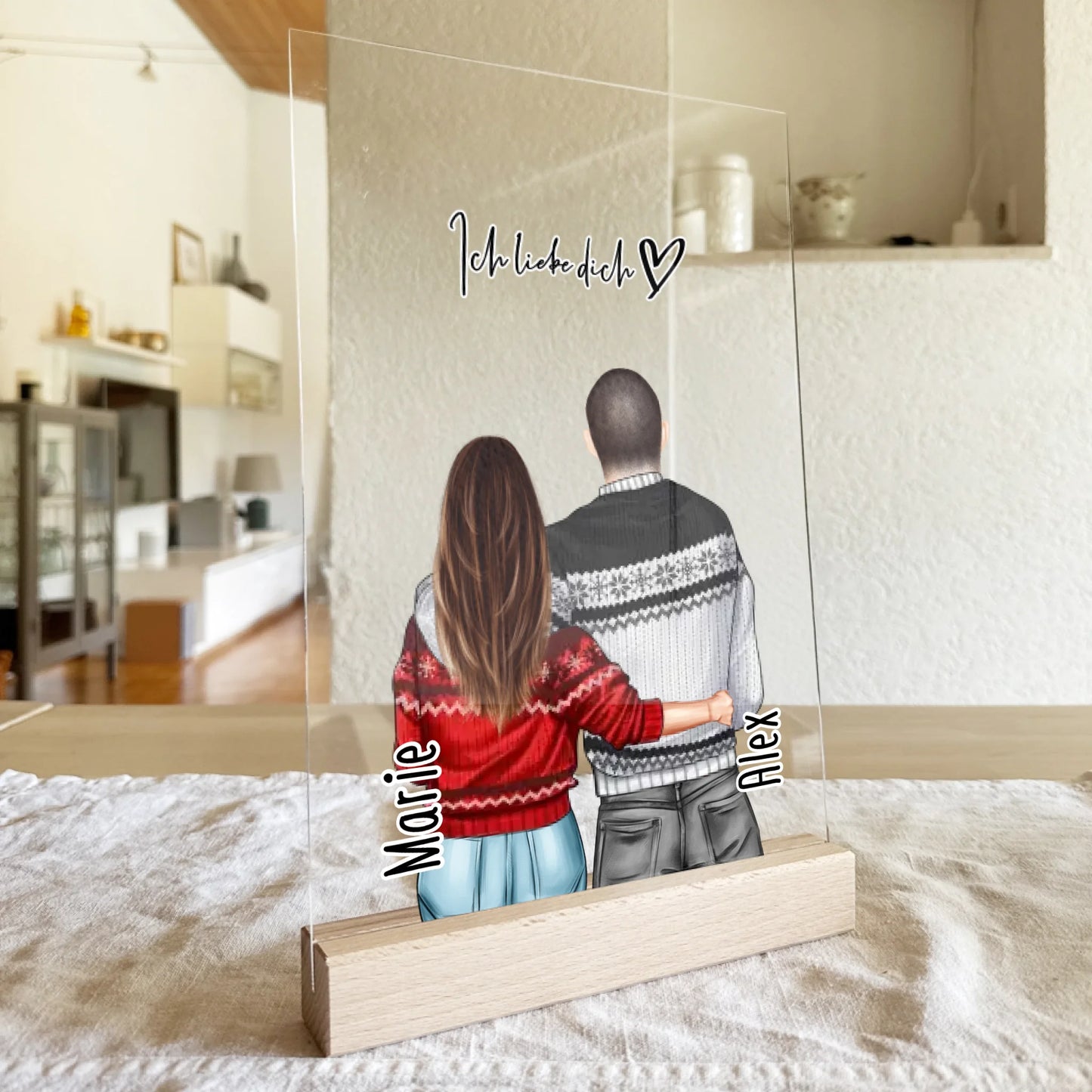 Personalisierte Acrylglasplatte mit Paar in Weihnachtspullovern (stehend) - Pärchen Acrylglasplatte - Weihnachts-Acrylglasplatte