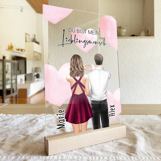 Personalisierte Acrylglasplatte mit Paar (stehend) - Herz mit Händen