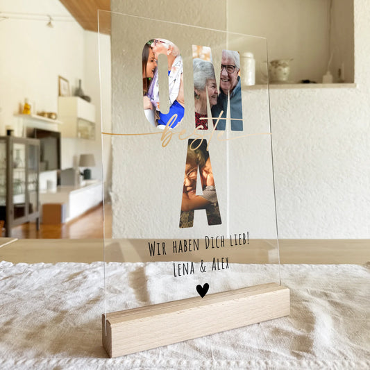 Personalisierte Acrylglasplatte - Oma Schriftzug und deinen Bildern