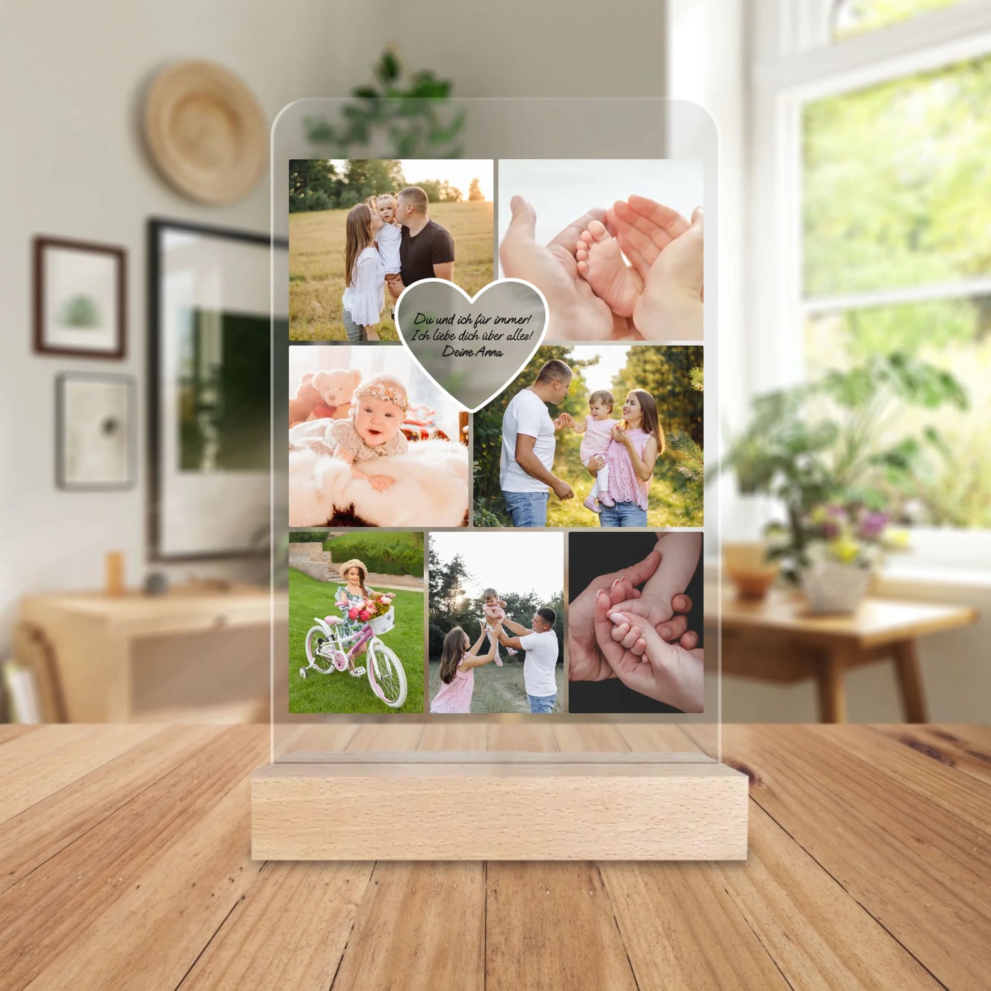 Personalisierte Acrylglasplatte - Familien Fotocollage mit Herz