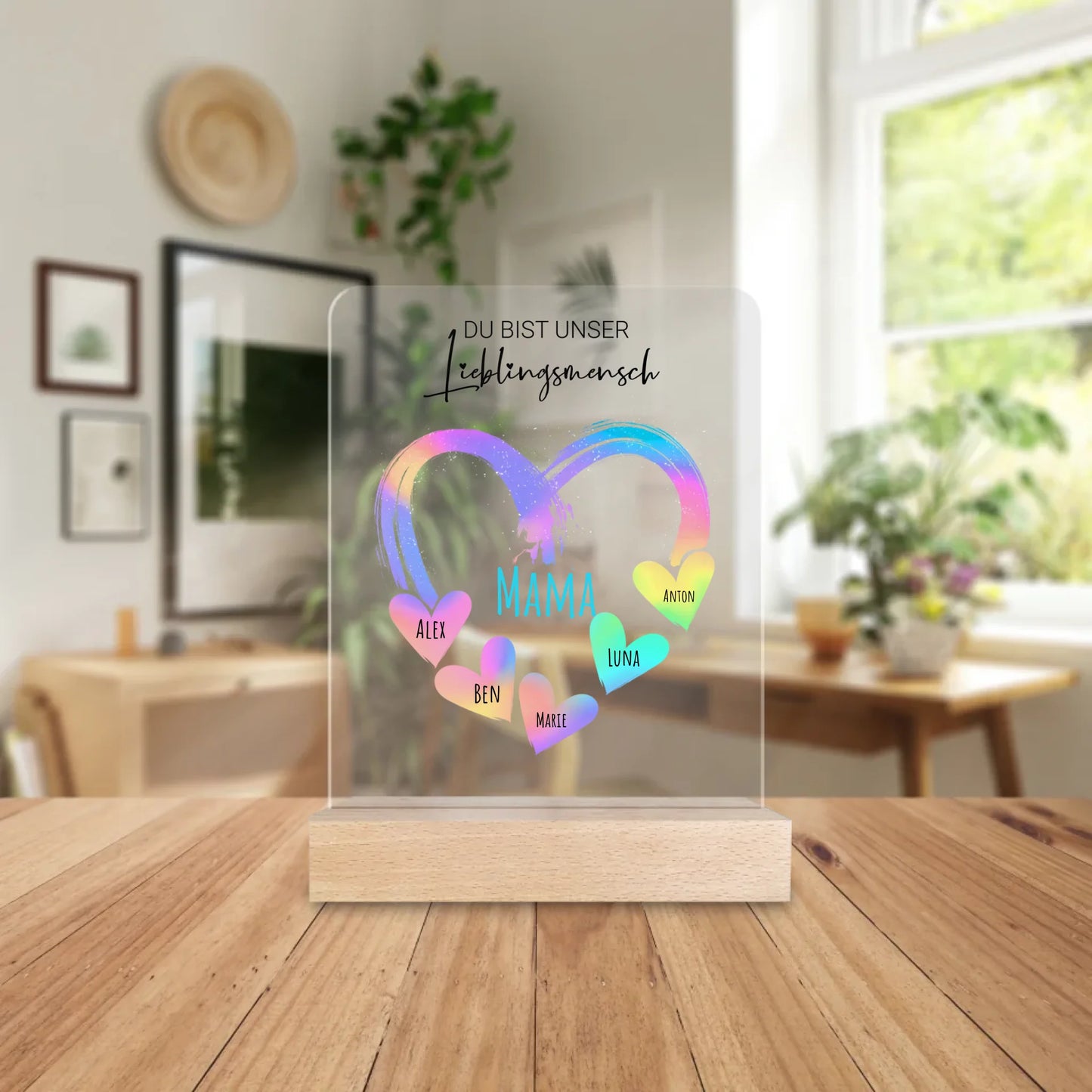 Personalisierte Acrylglasplatte - Herz mit 1-10 Namens-Herzen/Händen