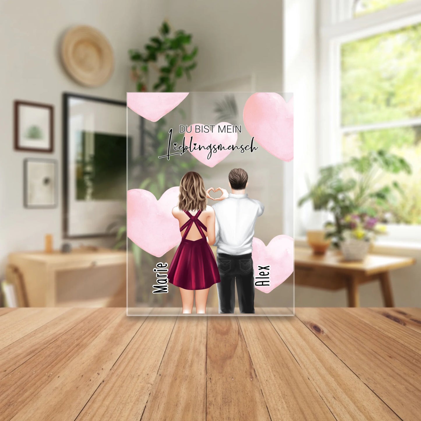 Personalisierte Acrylglasplatte mit Paar (stehend) - Herz mit Händen