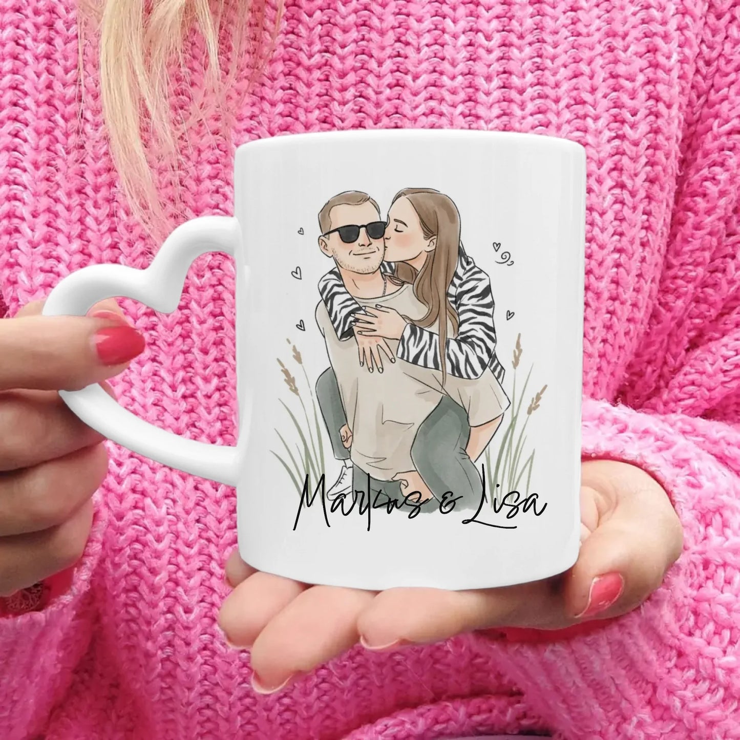 Personalisierte Tasse - Mit eigenem Bild im süßen Aquarell-Stil mit Namen und Spruch - Valentinstags Geschenk