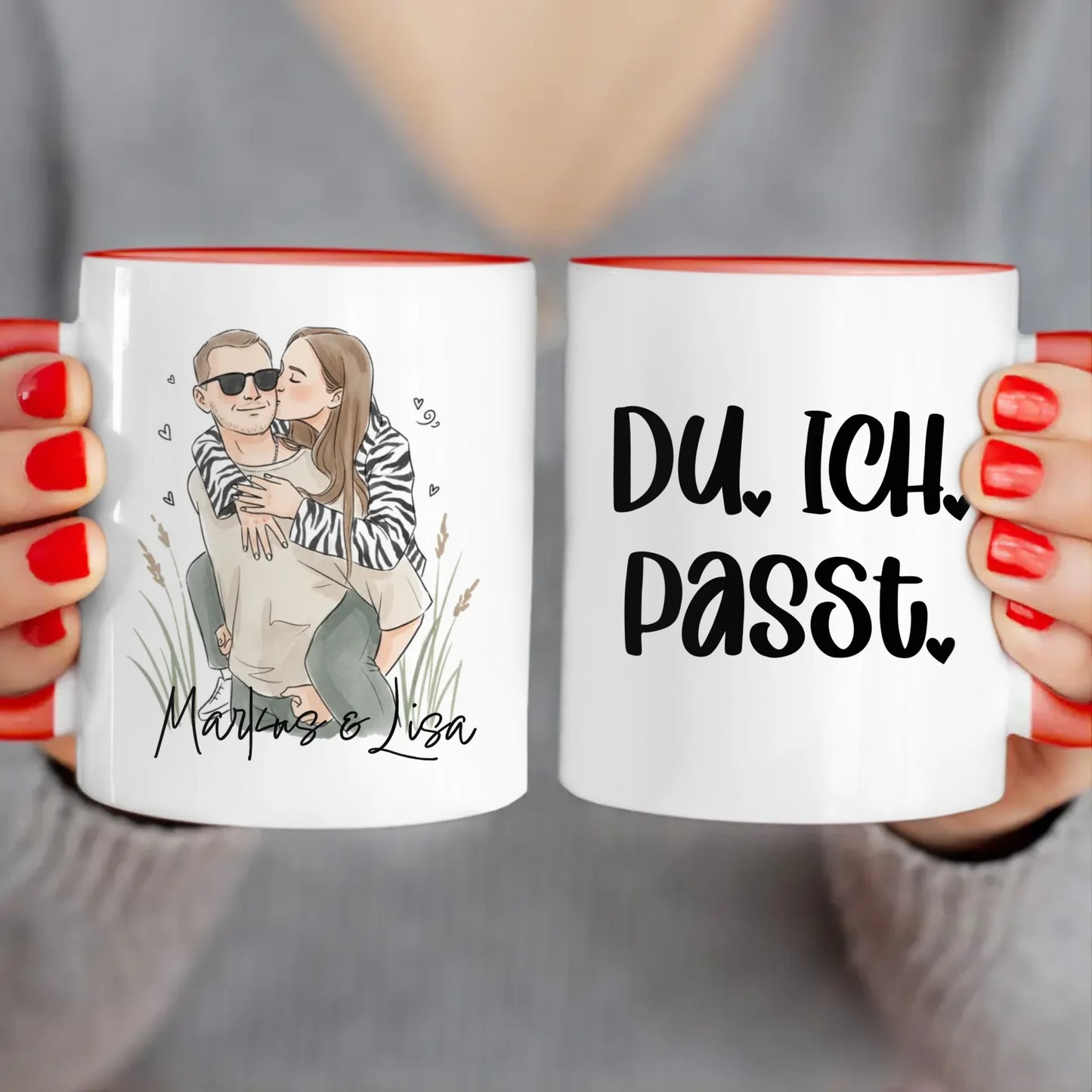 Personalisierte Tasse - Mit eigenem Bild im süßen Aquarell-Stil mit Namen und Spruch - Valentinstags Geschenk