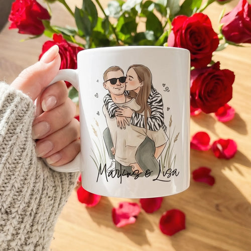 Personalisierte Tasse - Mit eigenem Bild im süßen Aquarell-Stil mit Namen und Spruch - Valentinstags Geschenk