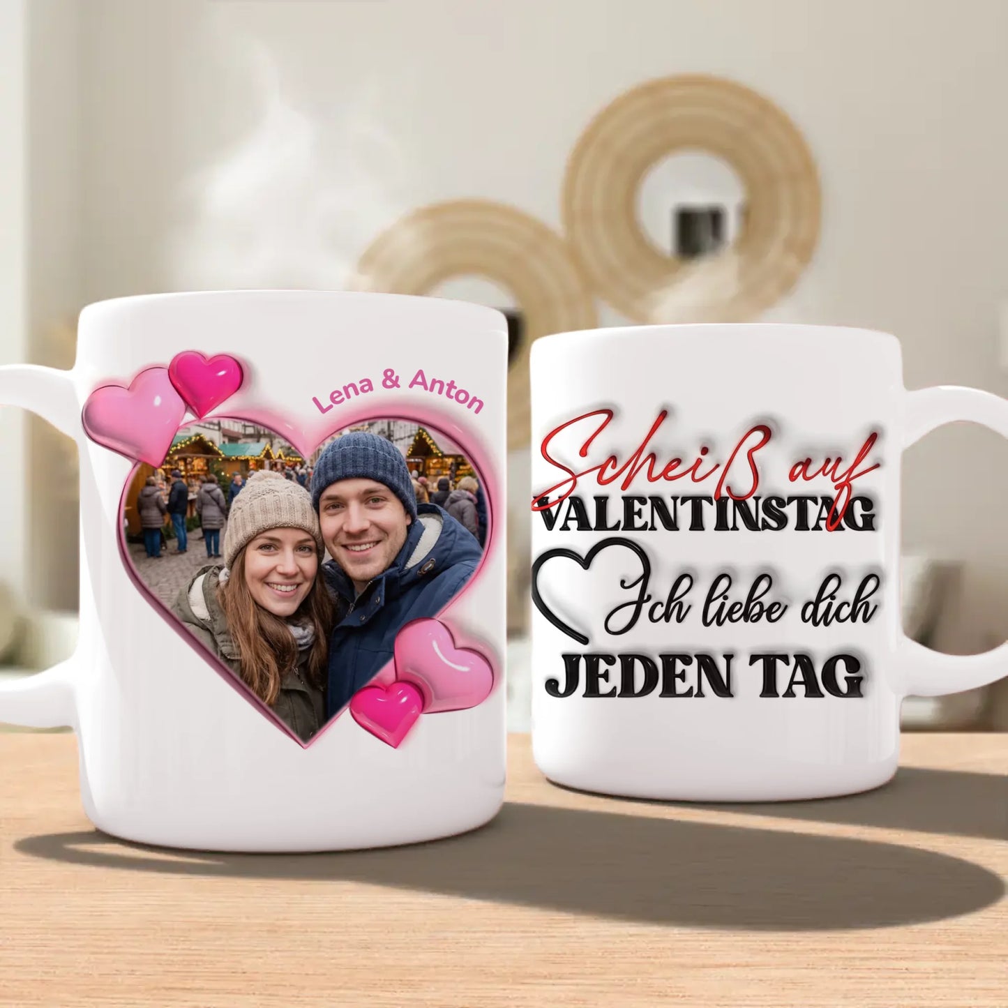 Personalisierte Tasse - "Scheiß auf Valentinstag..."-Spruch und eigenem Bild im 3D-Look - Geschenk zum Valentinstag