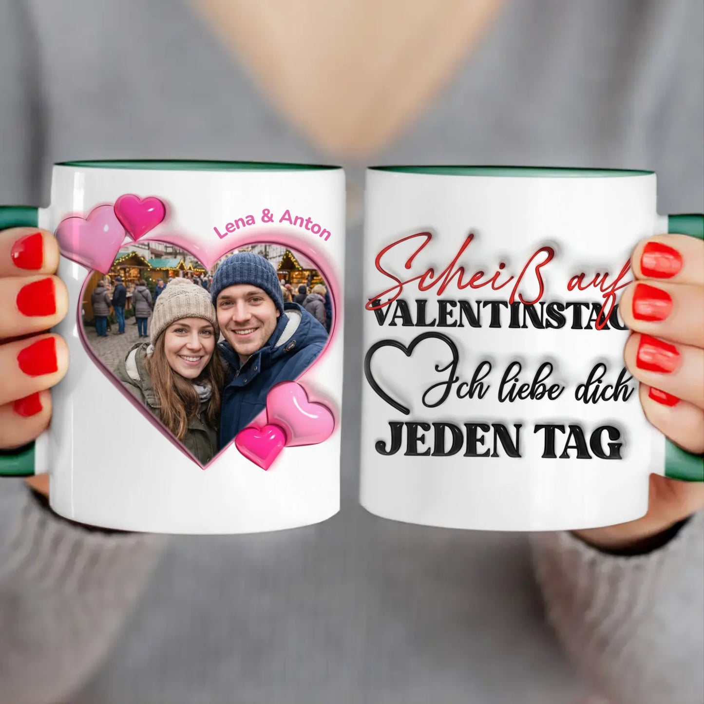 Personalisierte Tasse - "Scheiß auf Valentinstag..."-Spruch und eigenem Bild im 3D-Look - Geschenk zum Valentinstag