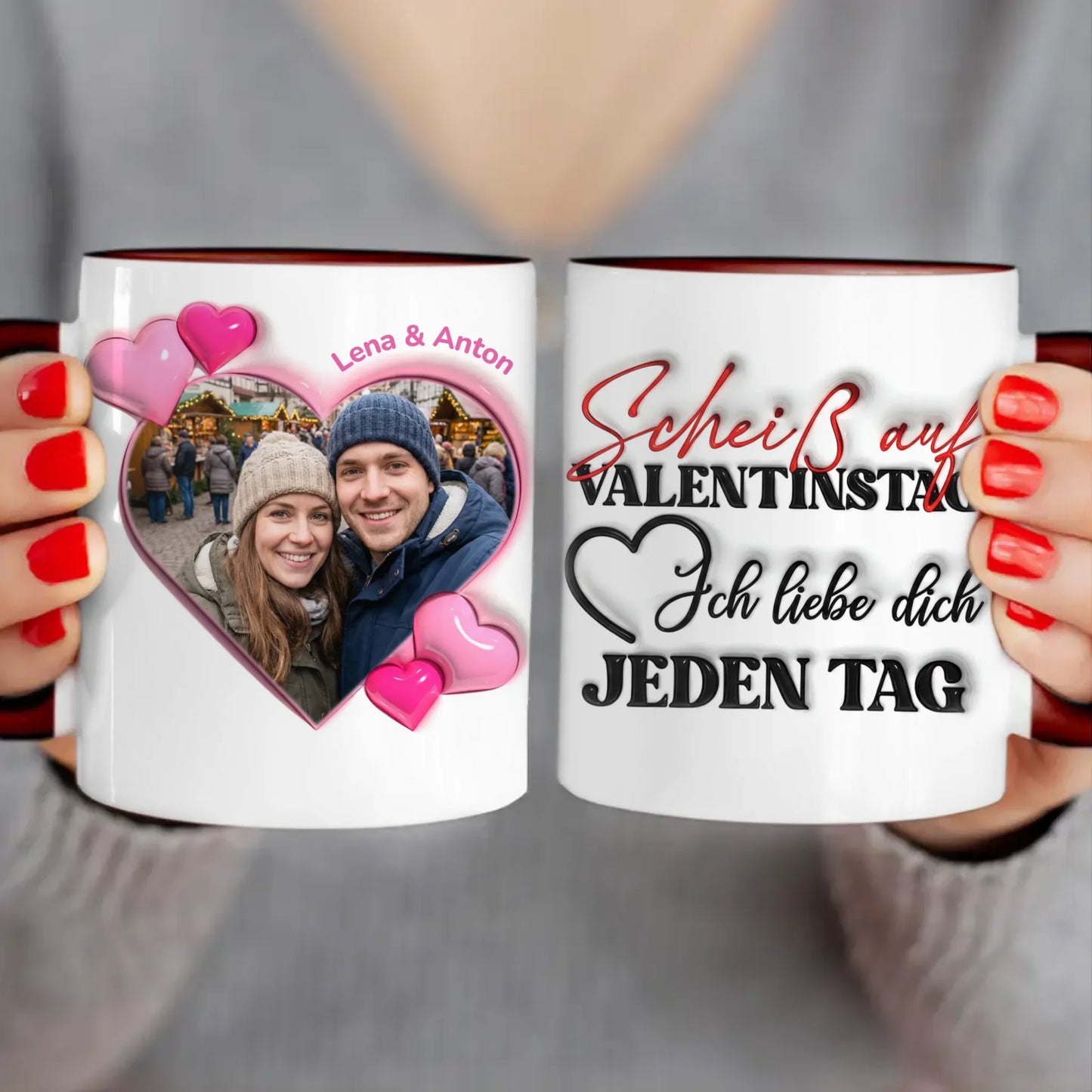 Personalisierte Tasse - "Scheiß auf Valentinstag..."-Spruch und eigenem Bild im 3D-Look - Geschenk zum Valentinstag