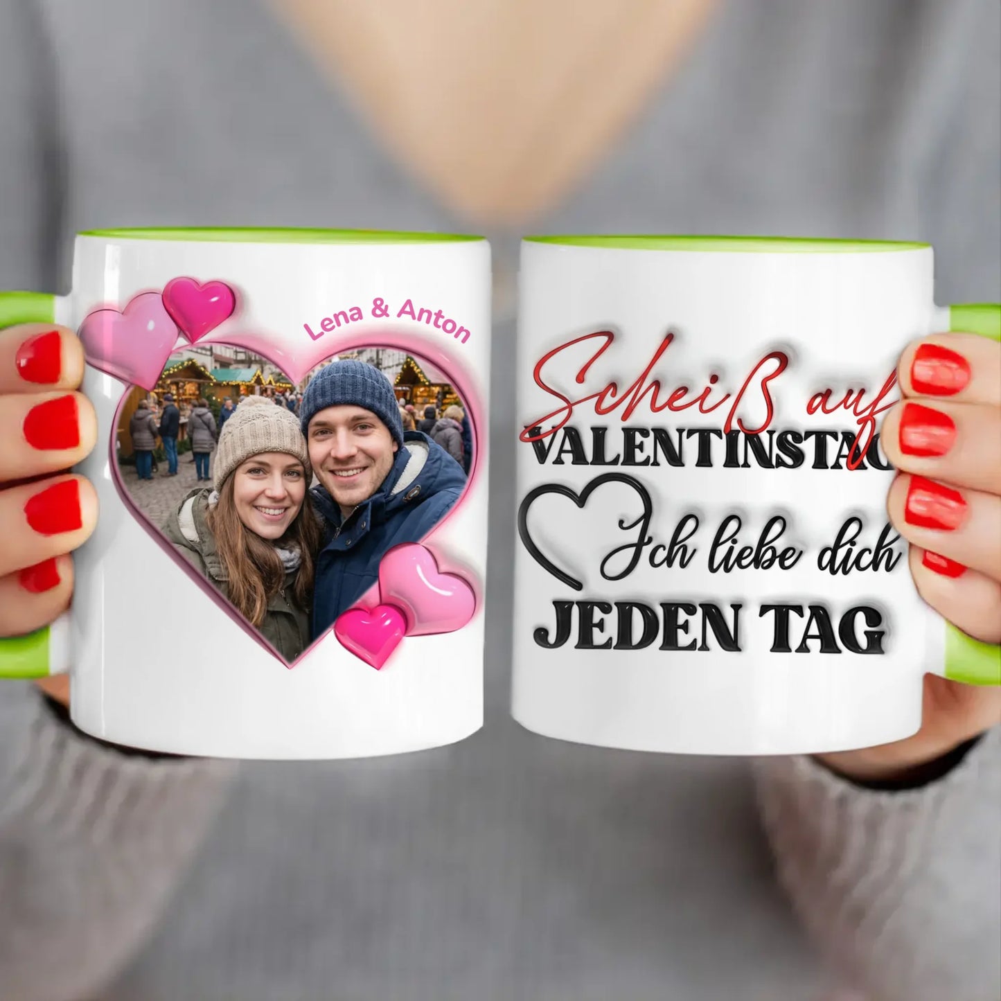 Personalisierte Tasse - "Scheiß auf Valentinstag..."-Spruch und eigenem Bild im 3D-Look - Geschenk zum Valentinstag