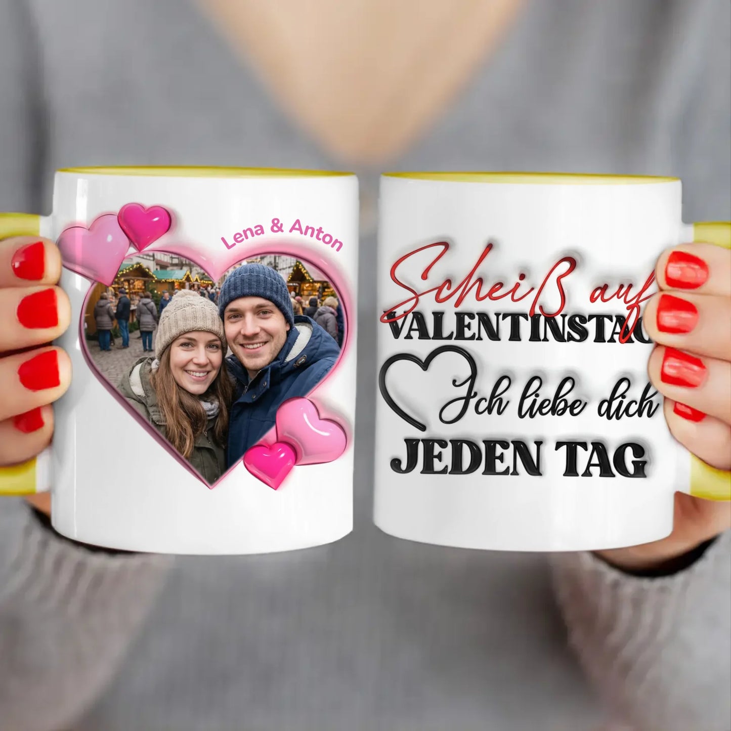 Personalisierte Tasse - "Scheiß auf Valentinstag..."-Spruch und eigenem Bild im 3D-Look - Geschenk zum Valentinstag