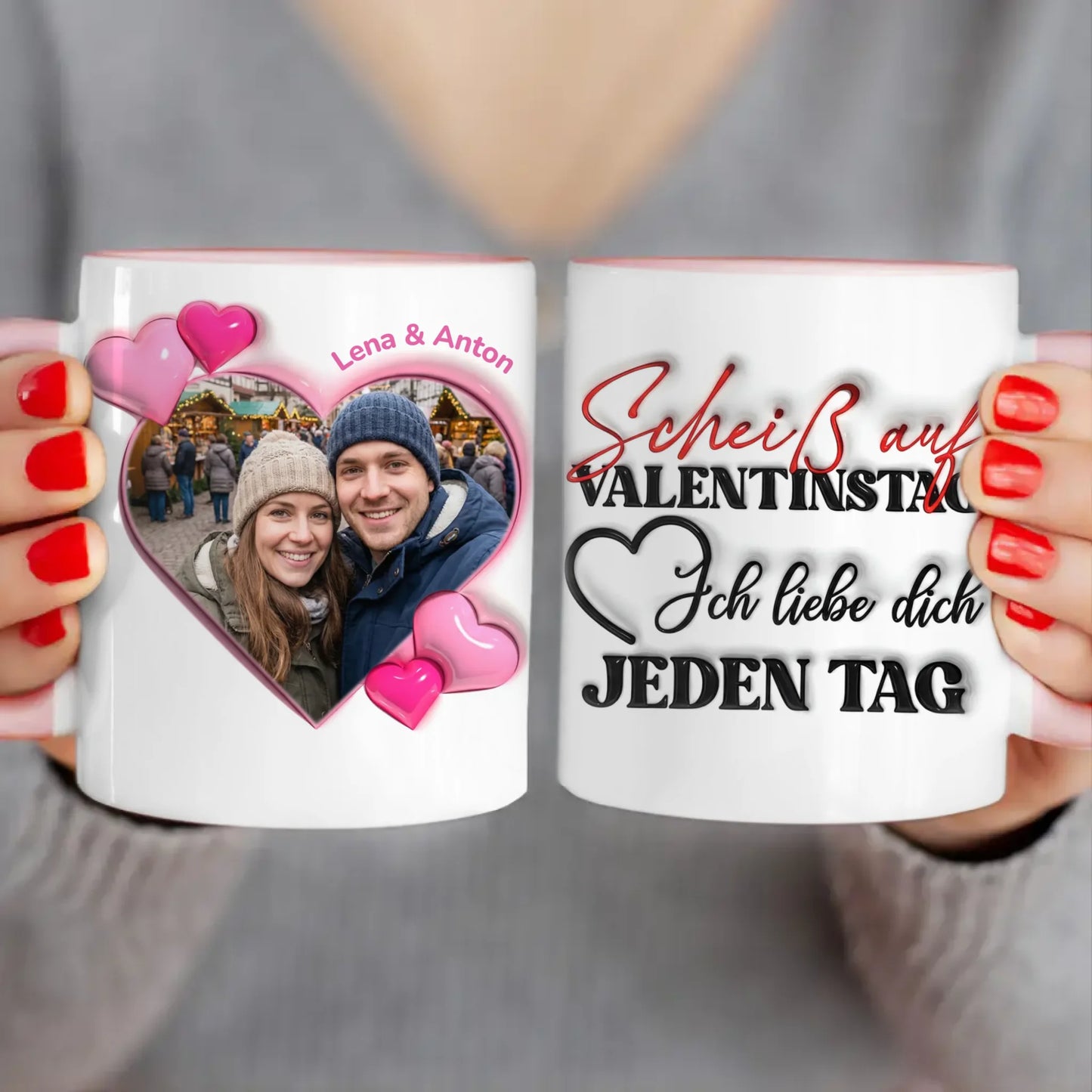 Personalisierte Tasse - "Scheiß auf Valentinstag..."-Spruch und eigenem Bild im 3D-Look - Geschenk zum Valentinstag