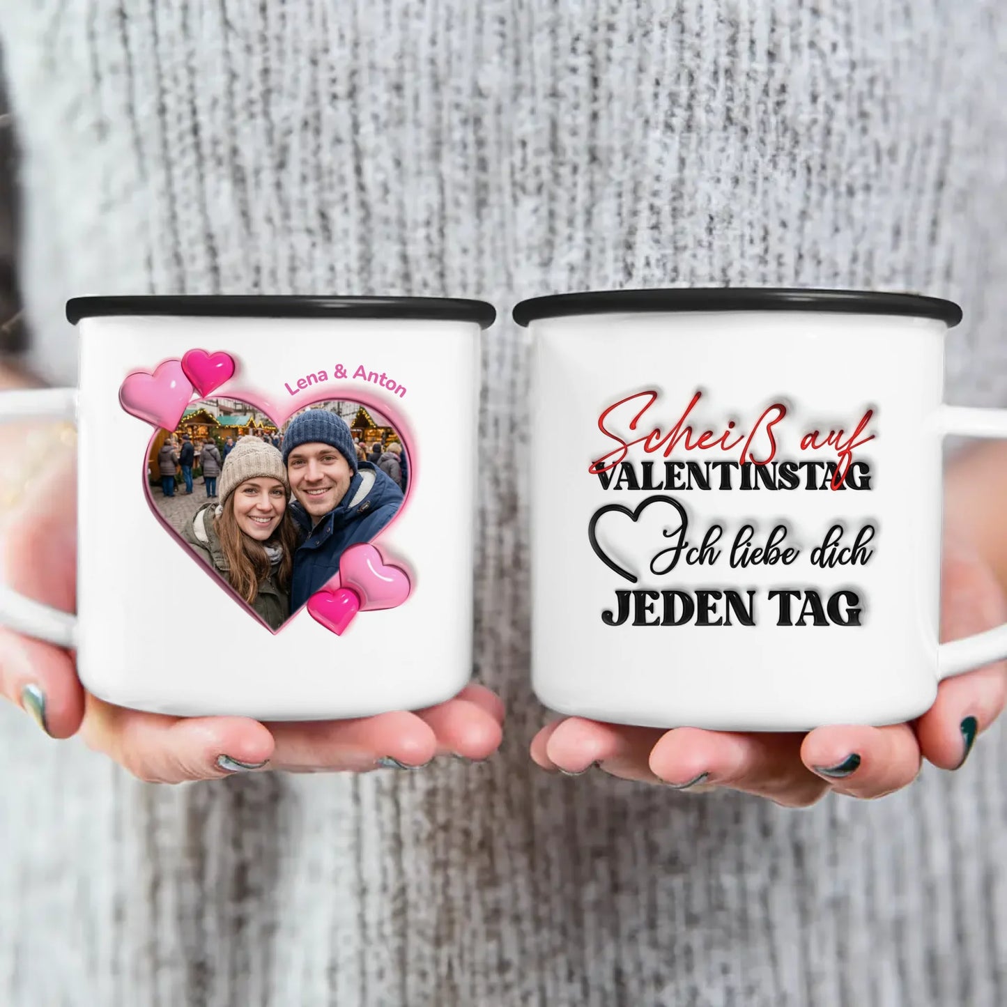 Personalisierte Tasse - "Scheiß auf Valentinstag..."-Spruch und eigenem Bild im 3D-Look - Geschenk zum Valentinstag