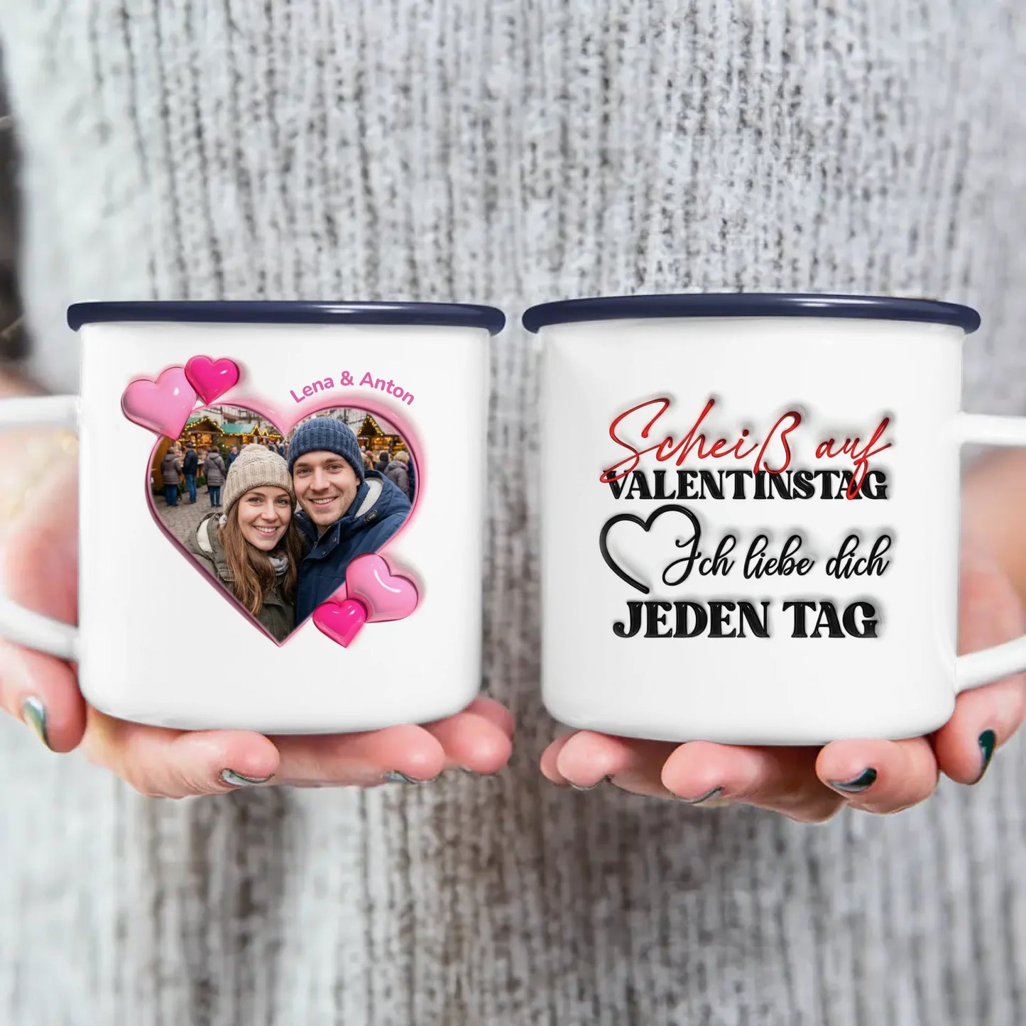 Personalisierte Tasse - "Scheiß auf Valentinstag..."-Spruch und eigenem Bild im 3D-Look - Geschenk zum Valentinstag