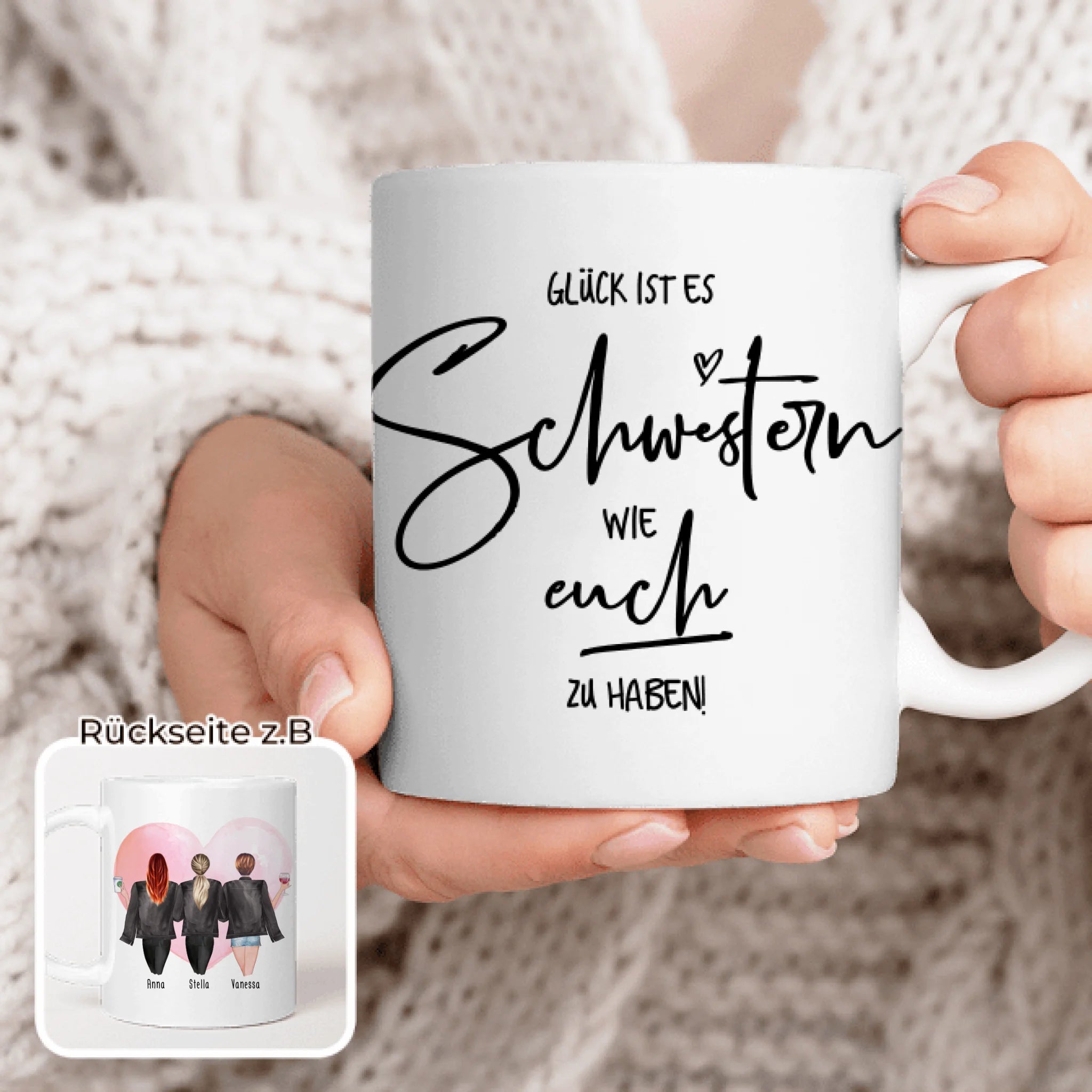 Personalisierte Tasse - Beste Schwestern mit Jacken (3 Schwestern)