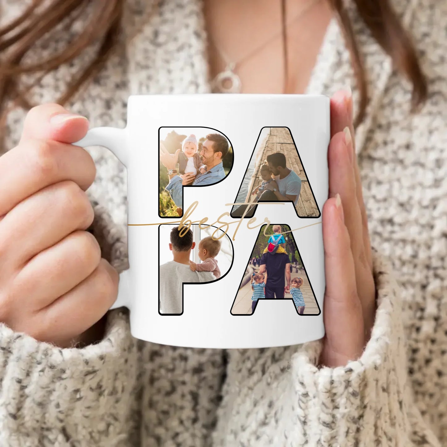 Personalisierte Tasse mit Papa Schriftzug und deinen Bildern