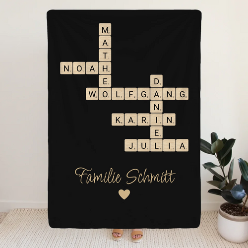 Personalisierte Decke - Kreuzworträtsel mit bis zu 25 Namen aus der Familie + Familienname