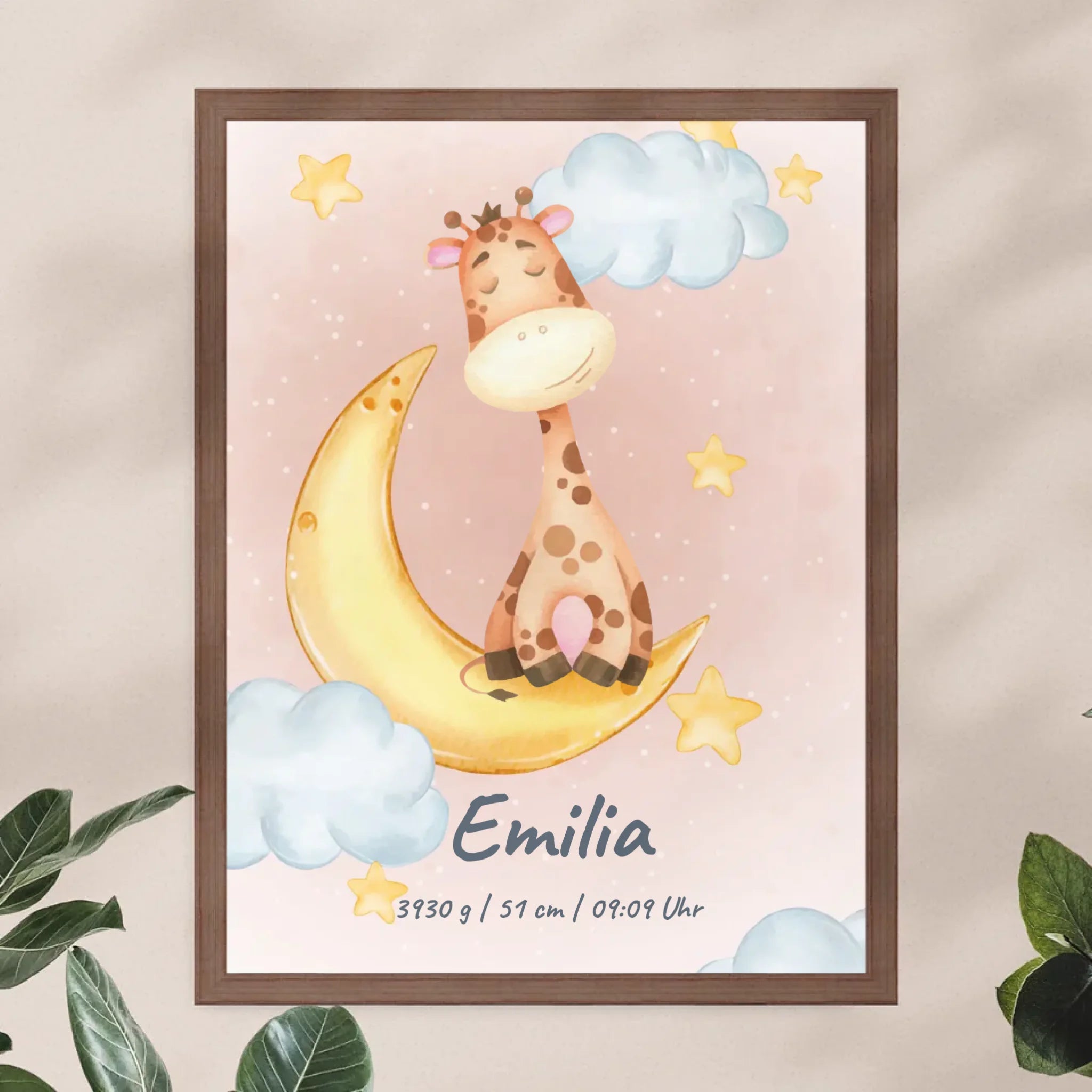 Personalisiertes Baby/Kinder Poster - Mond mit schlafenden Tieren + Kindernamen