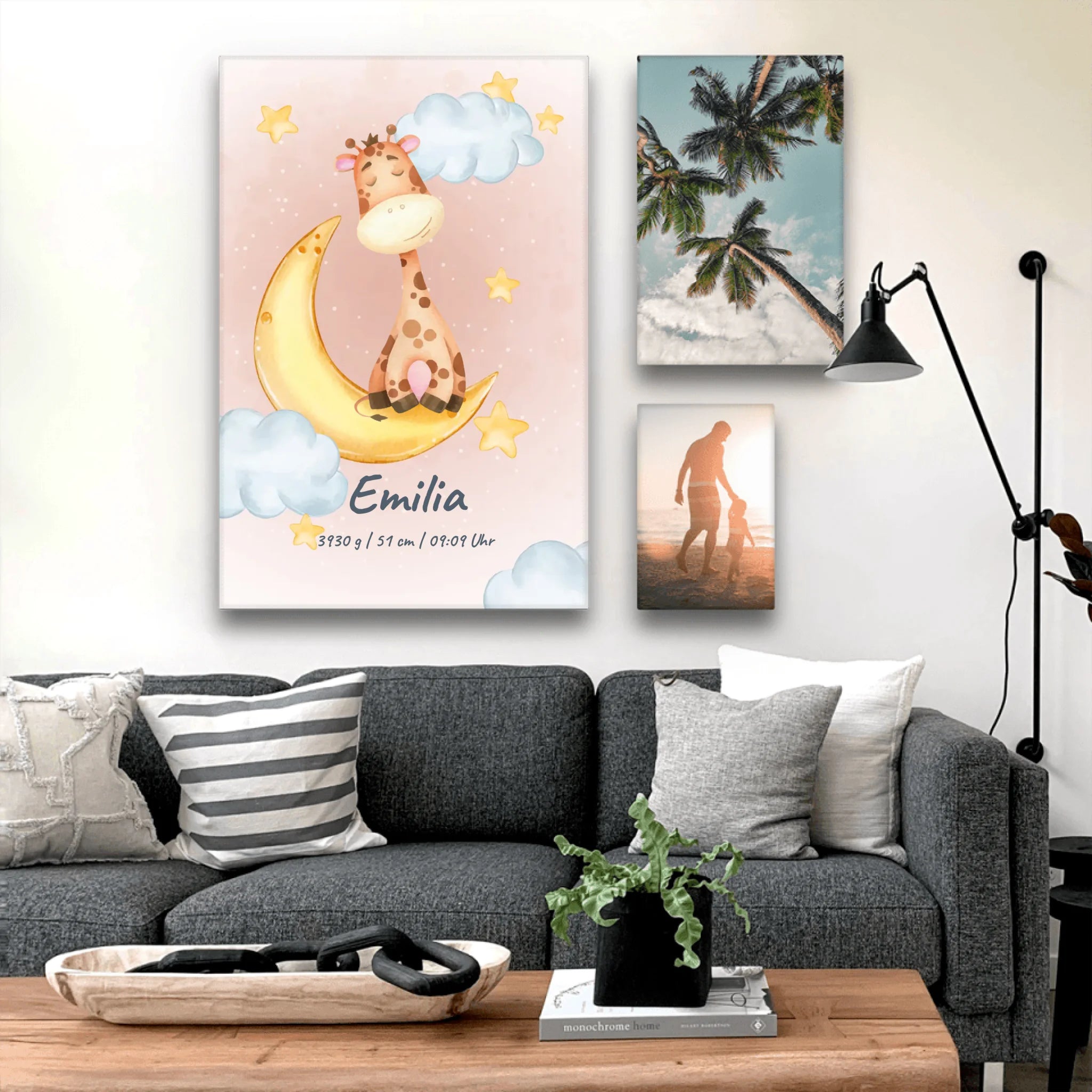 Personalisierte Baby/Kinder Leinwand - Mond mit schlafenden Tieren + Kindernamen