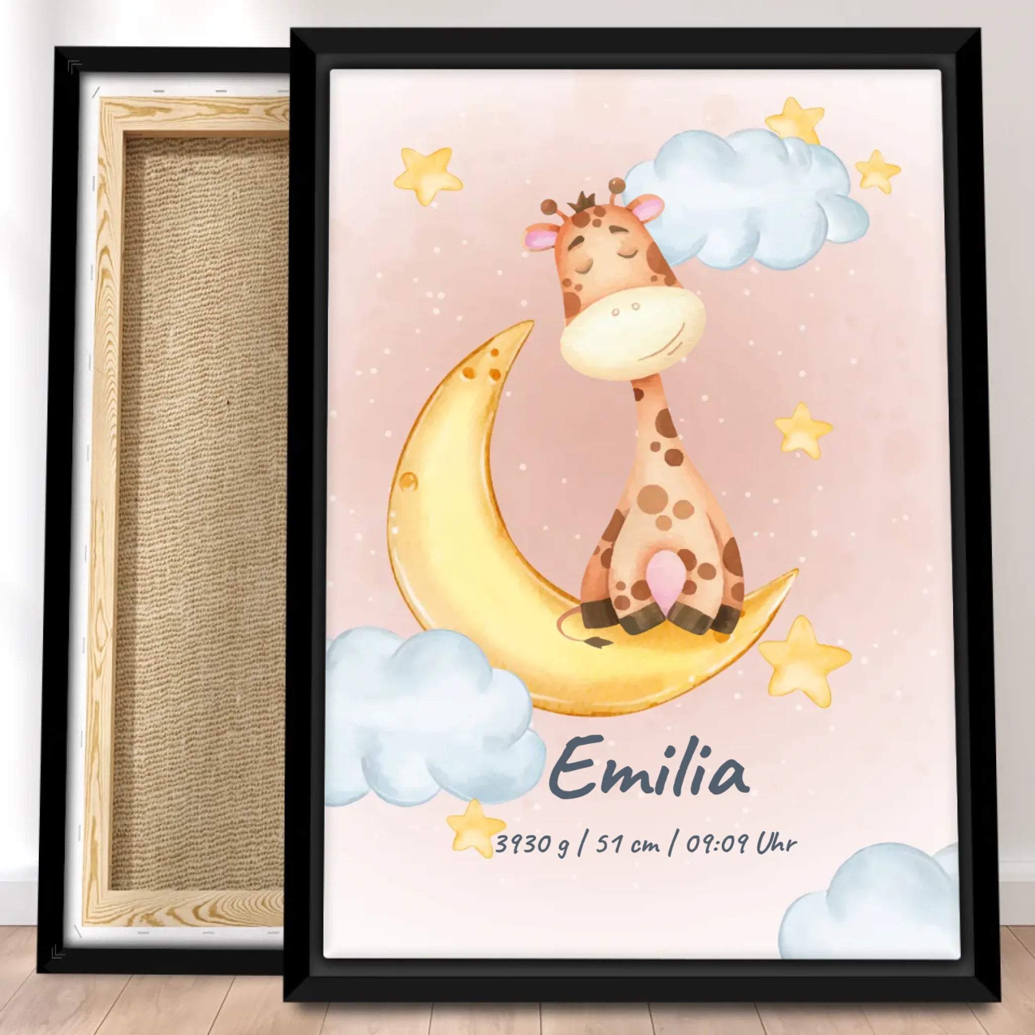 Personalisierte Baby/Kinder Leinwand - Mond mit schlafenden Tieren + Kindernamen