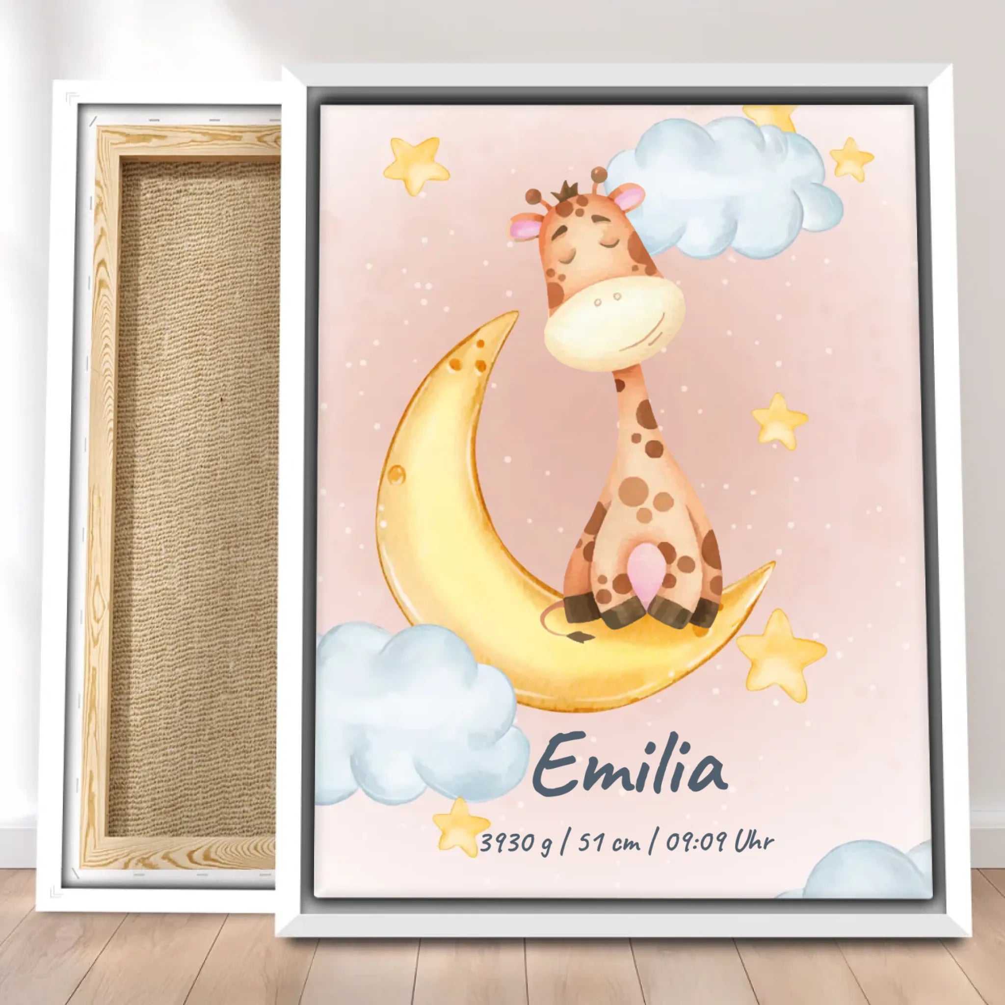 Personalisierte Baby/Kinder Leinwand - Mond mit schlafenden Tieren + Kindernamen