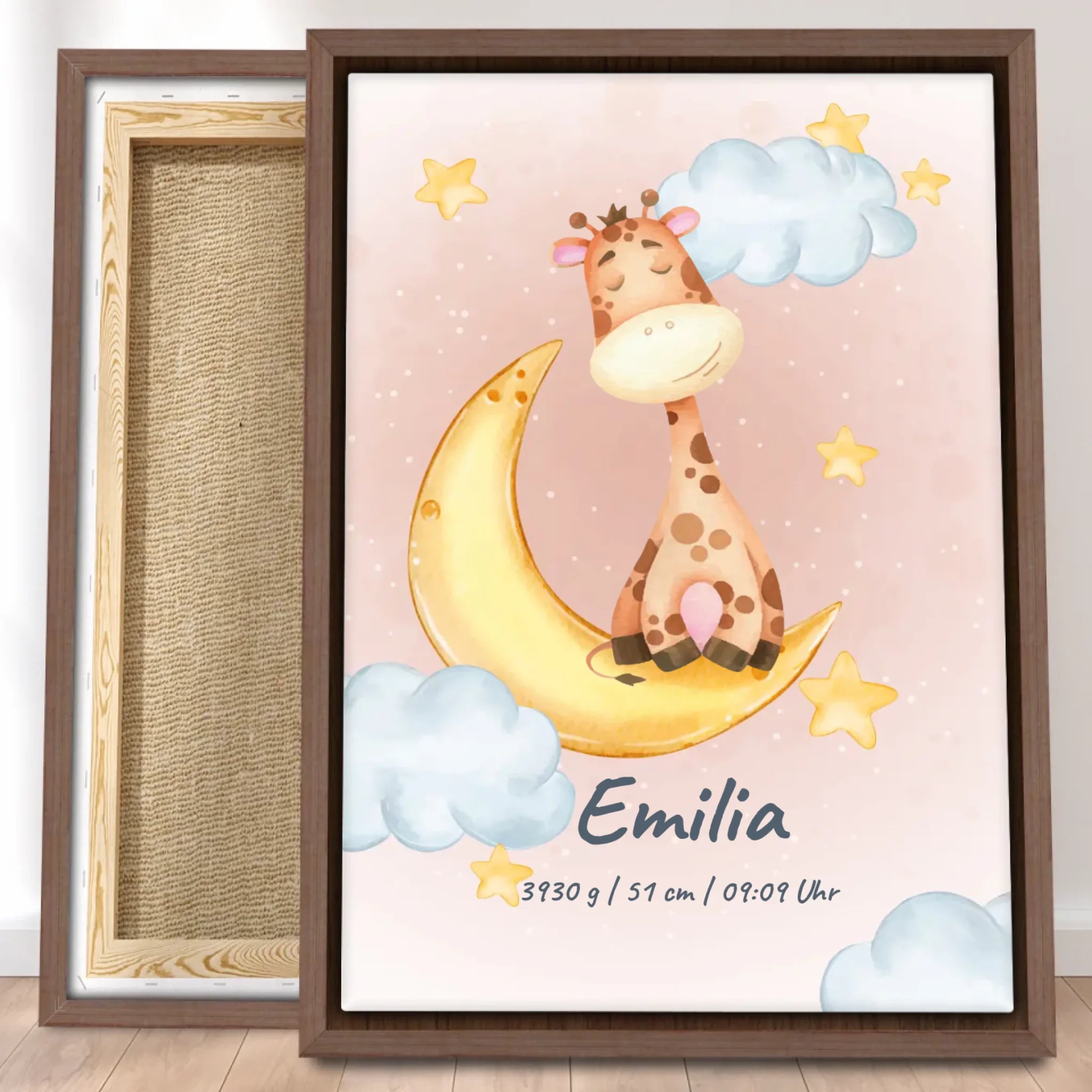 Personalisierte Baby/Kinder Leinwand - Mond mit schlafenden Tieren + Kindernamen