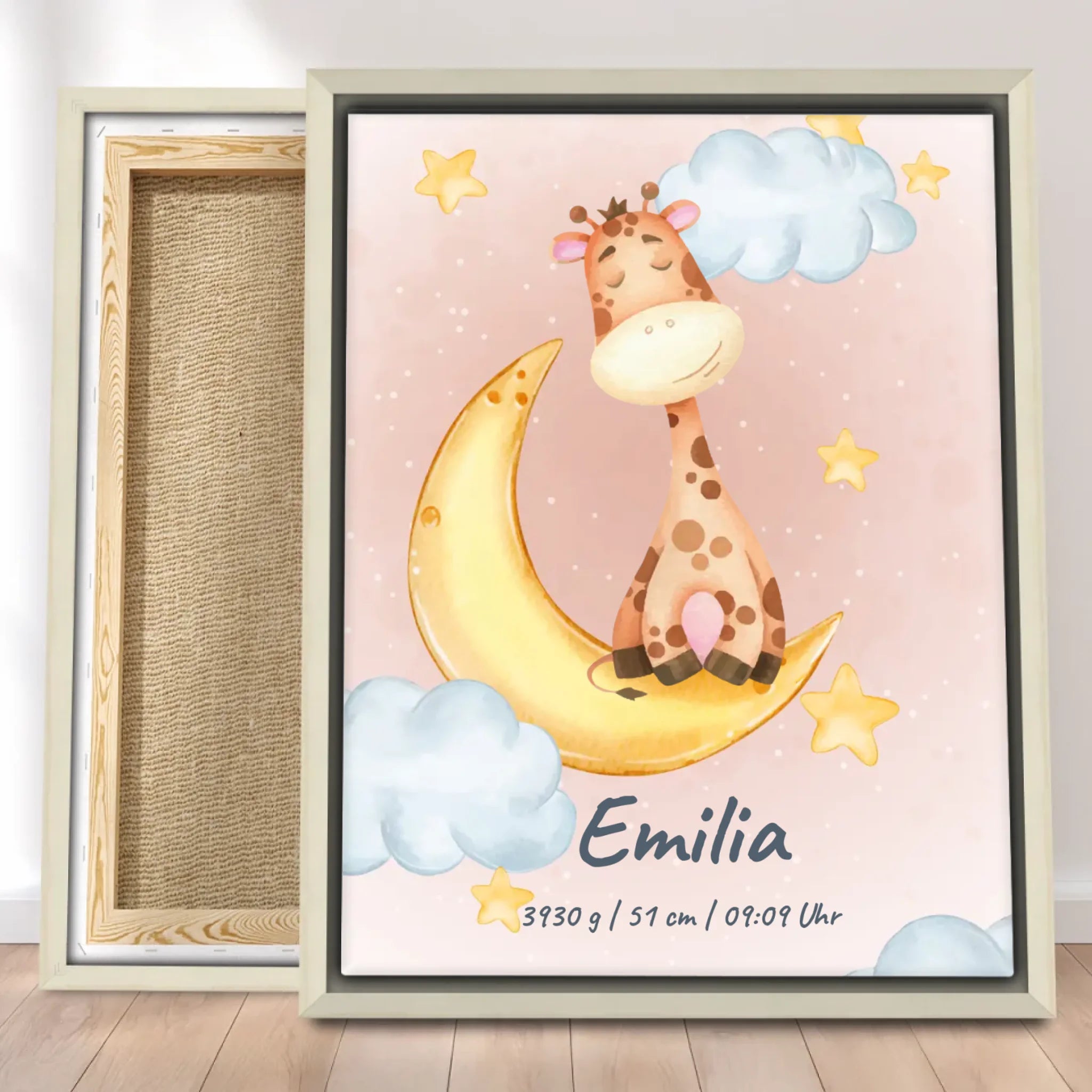 Personalisierte Baby/Kinder Leinwand - Mond mit schlafenden Tieren + Kindernamen