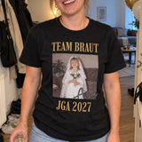 JGA T-Shirt mit Kinderfoto der Braut – Team Braut im Vintage-Stil, getragen