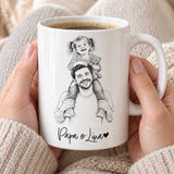 Personalisierte Tasse mit eigenem Foto als Bleistiftskizze und Namen – Papa & Lina