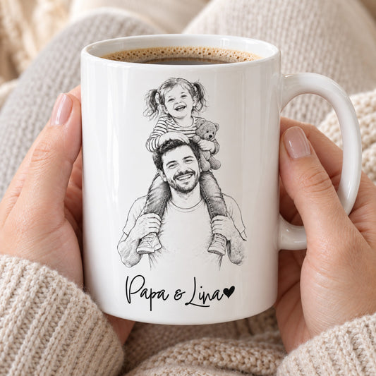 Personalisierte Tasse mit eigenem Foto als Bleistiftskizze und Namen – Papa & Lina