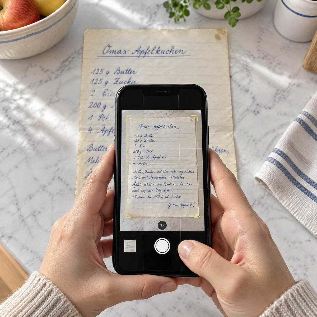 Das handgeschriebene Rezept wird mit dem Smartphone von oben fotografiert